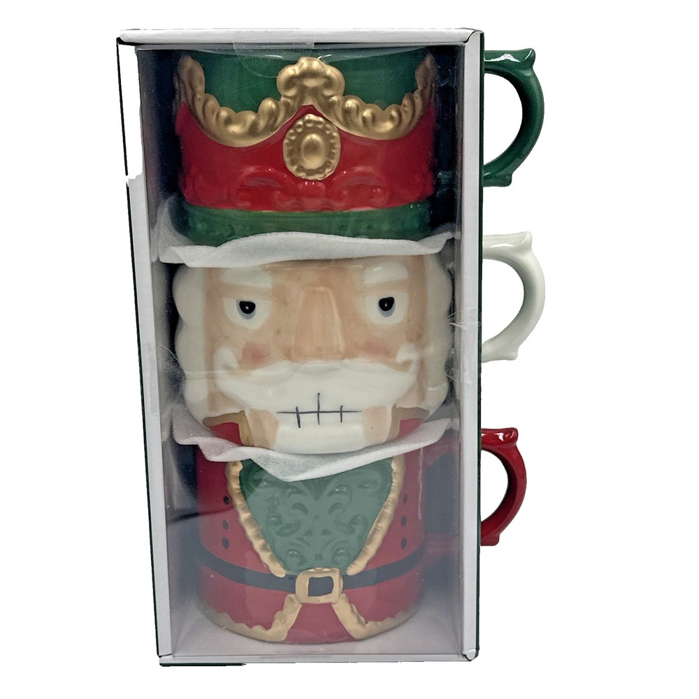 Tidings & Joy Nutcracker Christmas Mugs Set of 3 Ceramic 15oz Holiday Gift Box